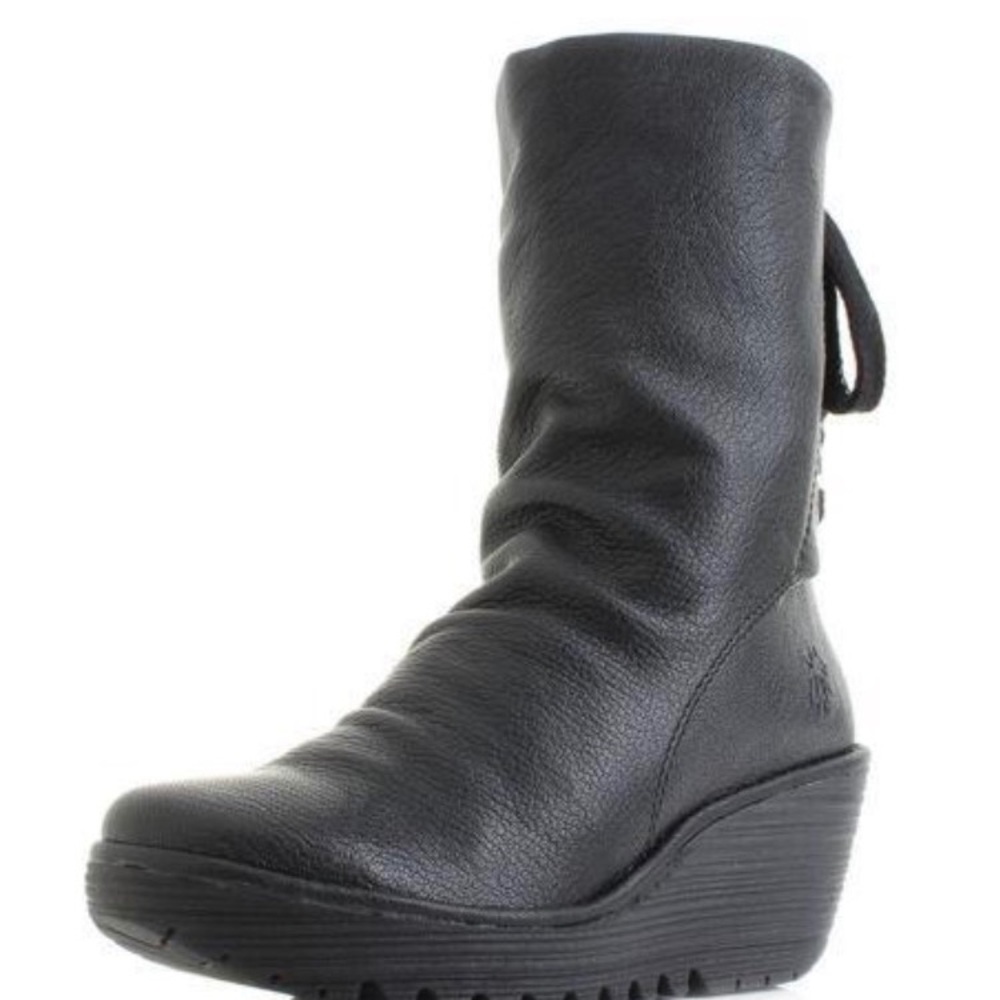 Fly London Yada mid calf black leather boots.